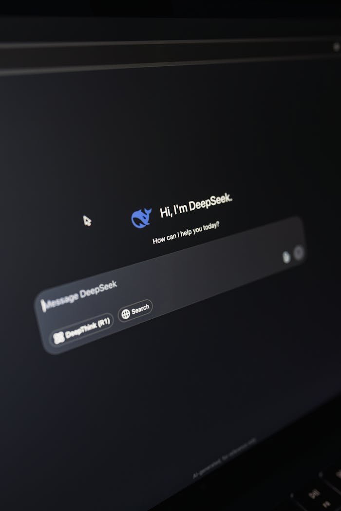 Close-up of a laptop displaying an AI interface with a chatbot prompt in dark mode.