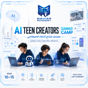 في AI Young Creators Summer Camp، ابنك مش هيتعلم الذكاء الاصطناعي كمعلومة نظرية، لكنه هيستخدم أدوات حقيقية زي ChatGPT, Gemini, Canva, NotebookLM, CapCut, ElevenLabs, Infogram, Trello, Claude Artifacts وGoogle AI Studio عشان يبني مشاريع بنفسه من أول محاضرة. كل محاضرة يخرج منها بحاجة قابلة للعرض: بوستر، قصة، فيديو، صوت، إنفوجرافيك، خطة مشروع، وفي النهاية Mini App يقدمه في مسابقة Demo Day. الكورس مصمم لعمر 10 إلى 15 سنة، بطريقة ممتعة وآمنة قائمة على الألعاب، التحديات، والـ Badges، مع تدريب مستمر على الاستخدام المسؤول للذكاء الاصطناعي.